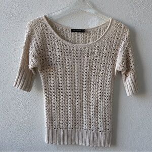 The Limited Small Linen Open Knit Crochet Cream Shirt Sleeve Sweater Boho Beach